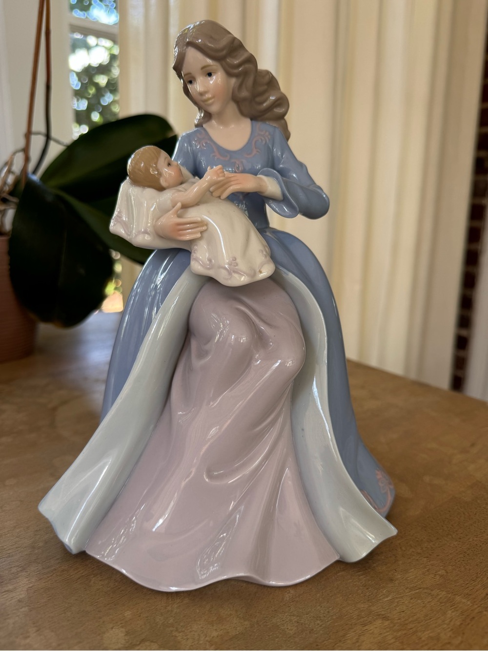 Porcelain Mother and Child Figurine in Pastel Blue and Lavender